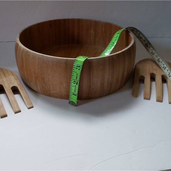Wood Salad Bowl w/Salad Hands believed to be Bamboo - Picture 10 of 12